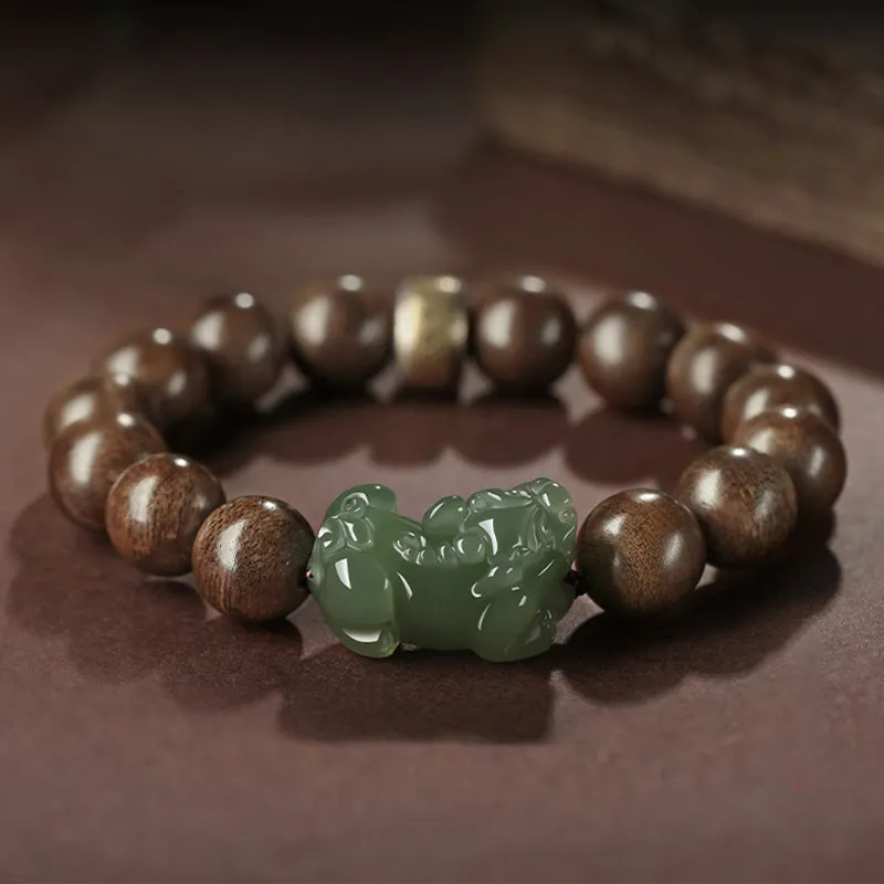 Buddha Stones 925 Sterling Silver Brunei Agarwood PiXiu Jade Peace Strength Bracelet