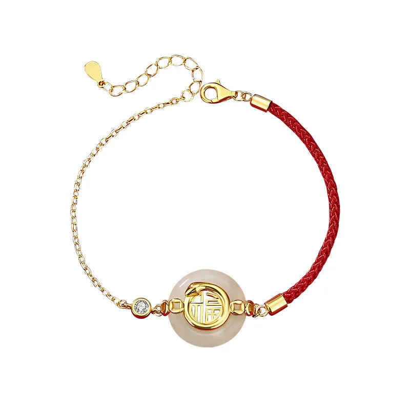 Buddha Stones 925 Sterling Silver Hetian Jade Peace Buckle Fu Character Year Of Snake Red String Protection Braided Bracelet