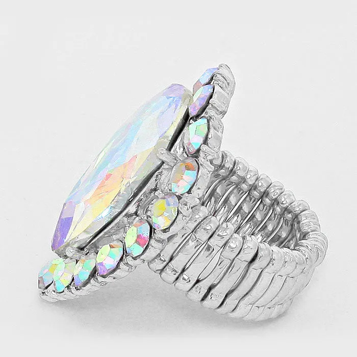 CARDI - ab silver teardrop rhinestone stretch statement ring