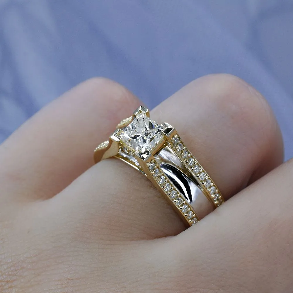 Certified 1.60CT Princess and Round Cut Diamond Engagement Ring in 18KT Two Tone Gold