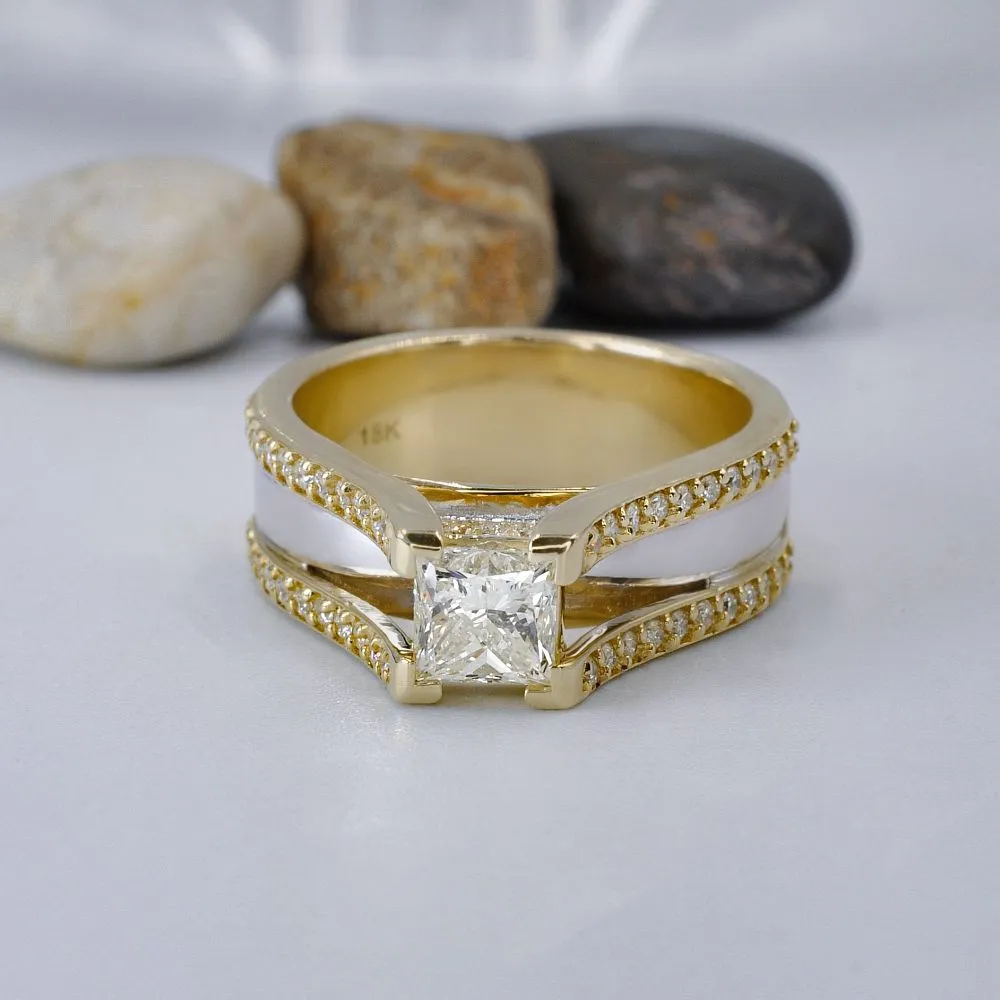 Certified 1.60CT Princess and Round Cut Diamond Engagement Ring in 18KT Two Tone Gold