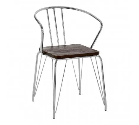 Chrome Metal And Elm Wood Arm Chair