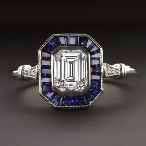 DIAMOND SAPPHIRE ENGAGEMENT RING VINTAGE STYLE GIA CERTIFIED H VS2 EMERALD CUT