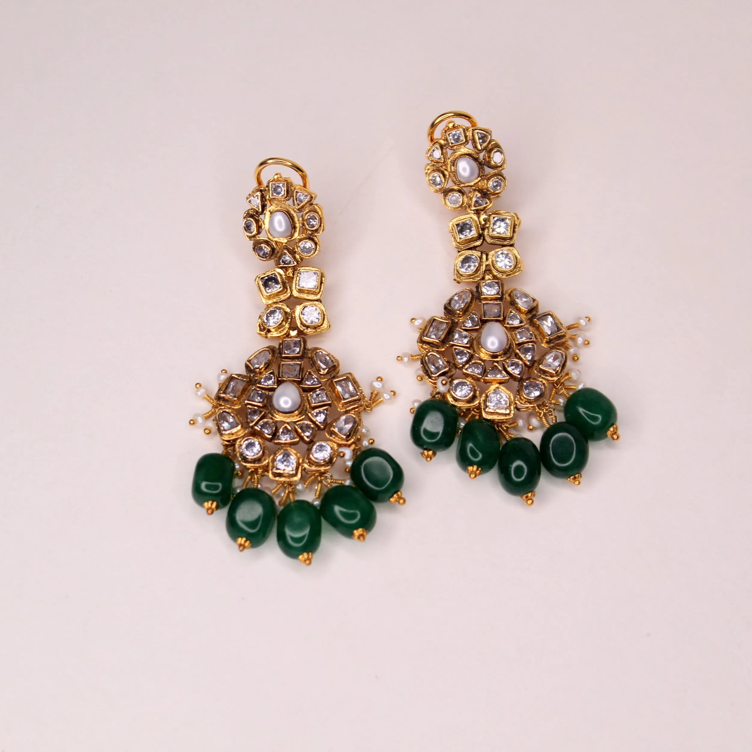 Earrings in Zircon Polkies and Jade