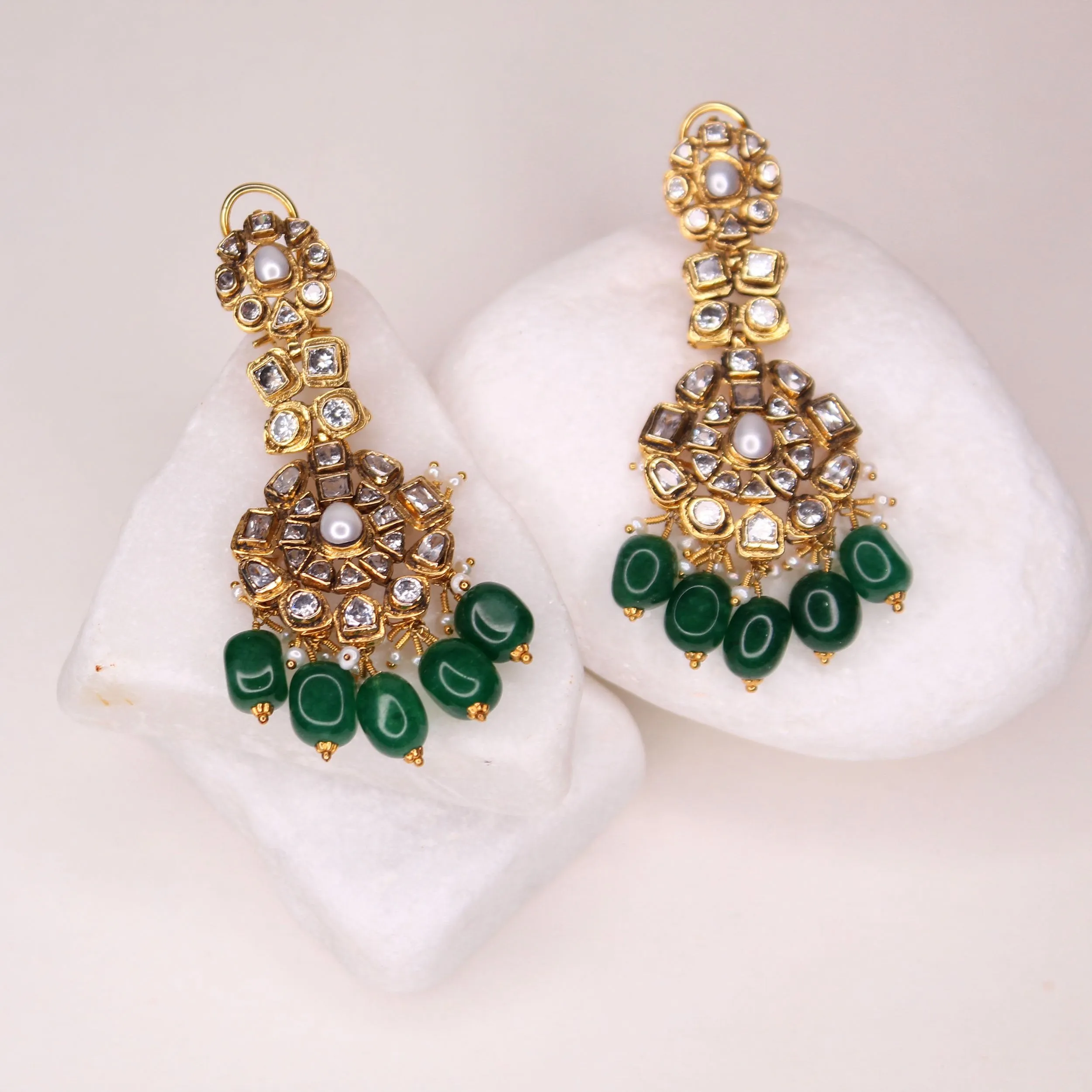 Earrings in Zircon Polkies and Jade