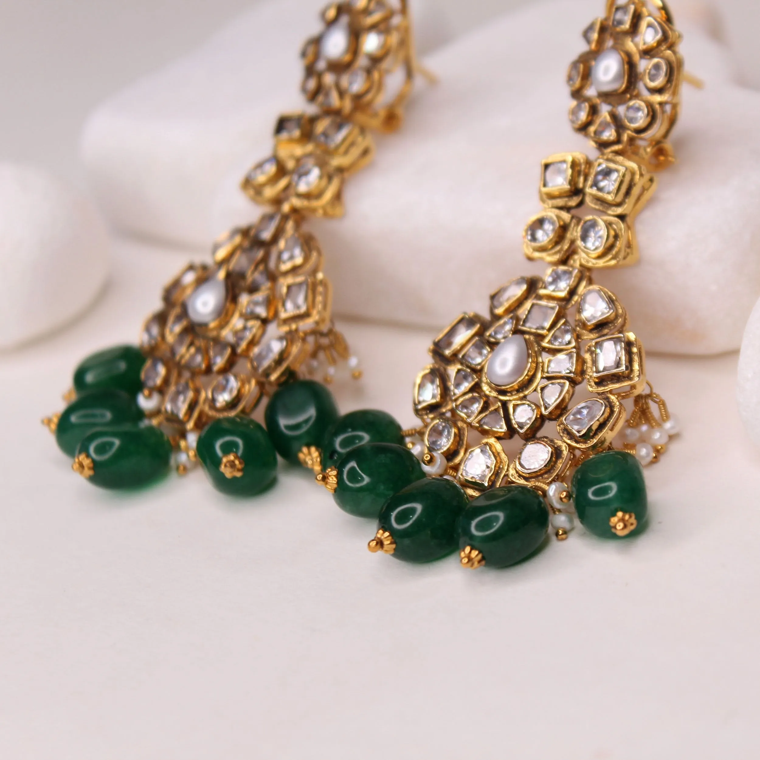 Earrings in Zircon Polkies and Jade