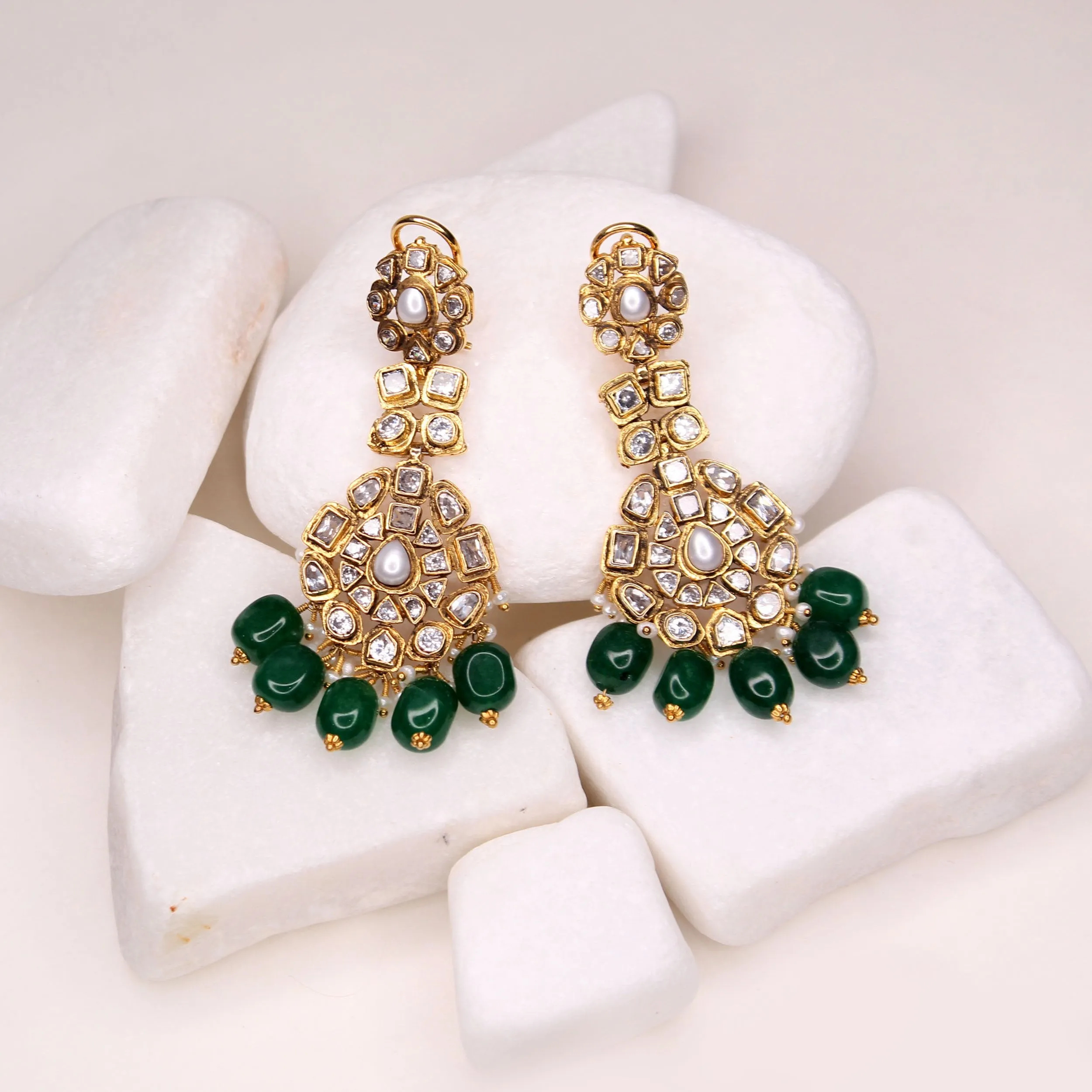 Earrings in Zircon Polkies and Jade