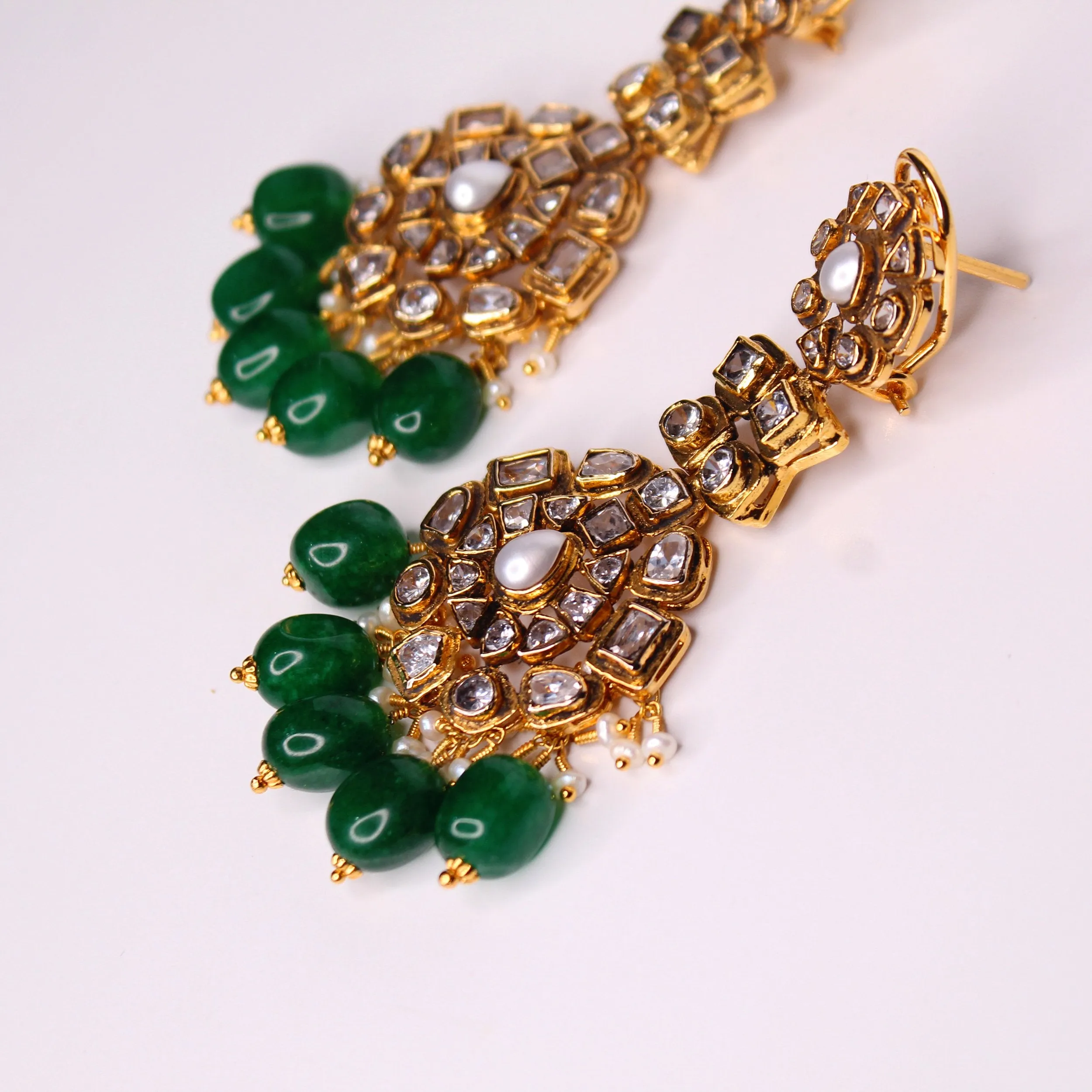 Earrings in Zircon Polkies and Jade