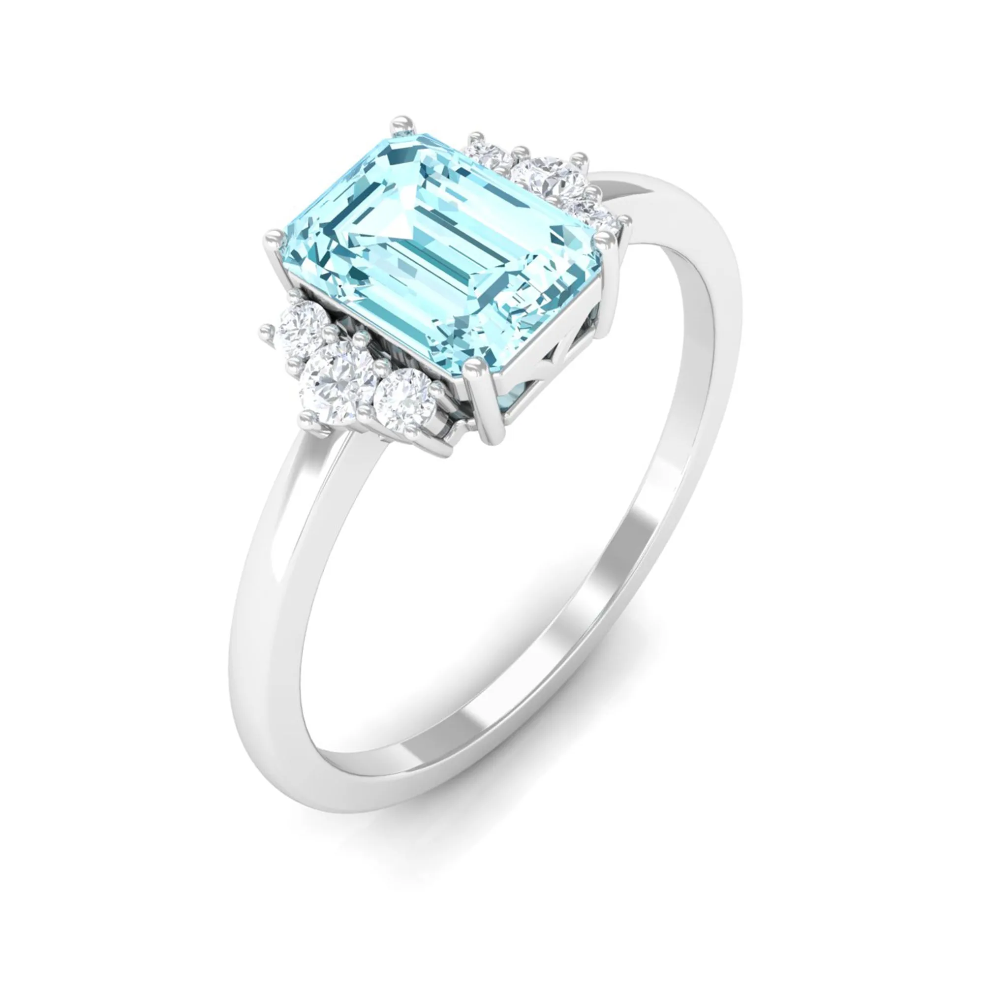 Emerald Cut Aquamarine Promise Ring with Diamond