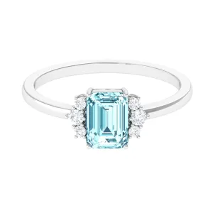 Emerald Cut Aquamarine Promise Ring with Diamond