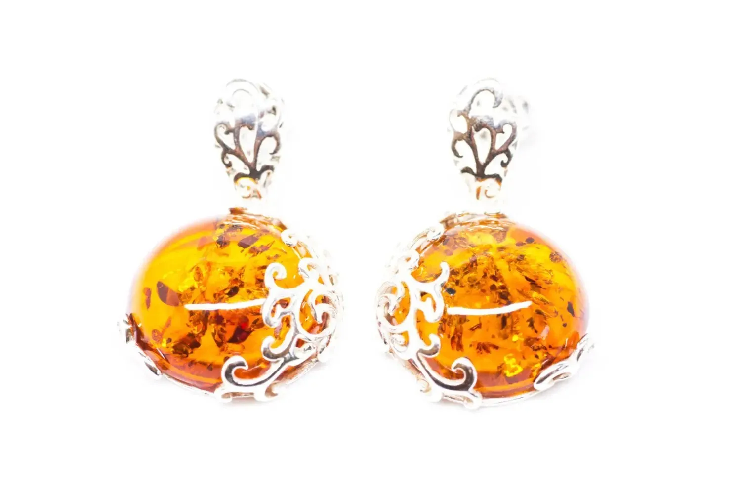 Fiery Amber Filigree Dangle Earrings - Elegant Baltic Amber Drop Earrings in Sterling Silver | Exquisite Handmade Jewelry