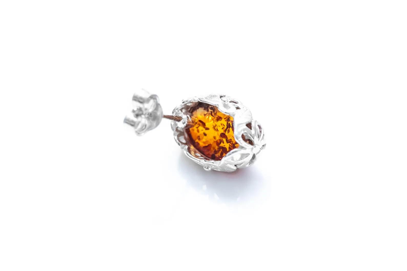 Floral Frame Amber Stud Earrings - Elegant Floral Design with Radiant Amber Gemstone