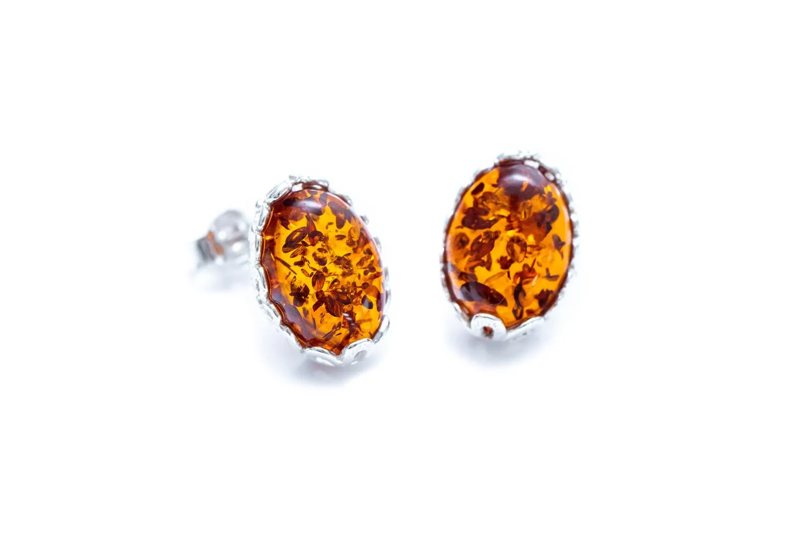 Floral Frame Amber Stud Earrings - Elegant Floral Design with Radiant Amber Gemstone