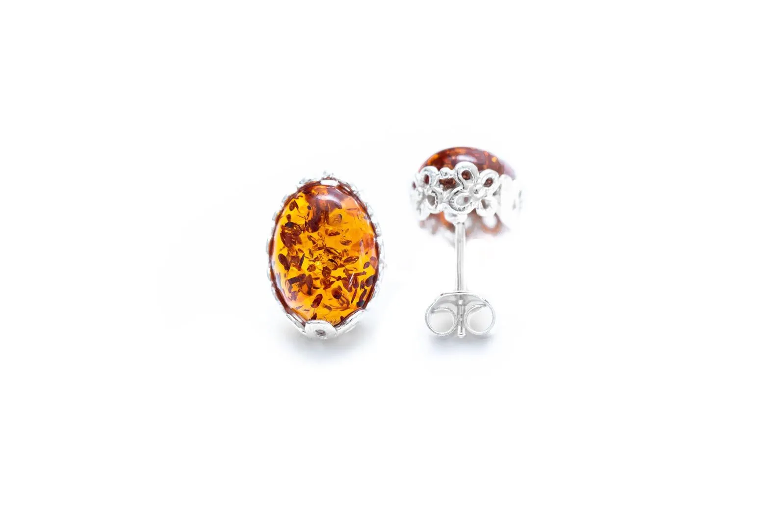 Floral Frame Amber Stud Earrings - Elegant Floral Design with Radiant Amber Gemstone