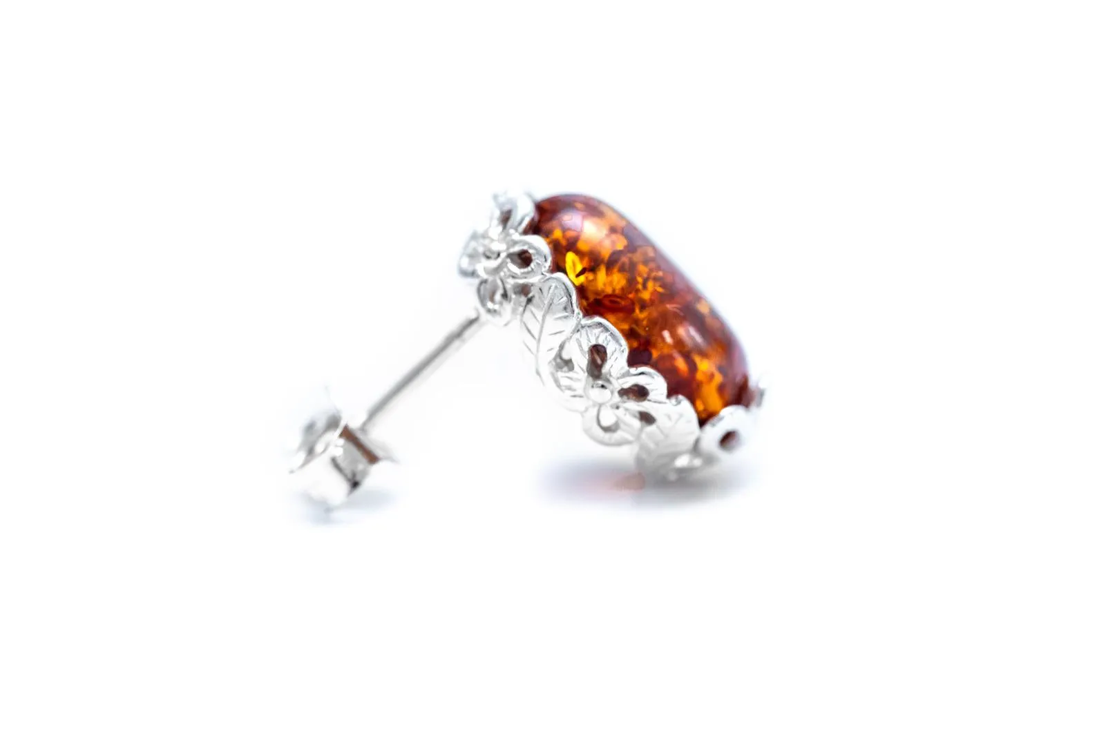 Floral Frame Amber Stud Earrings - Elegant Floral Design with Radiant Amber Gemstone