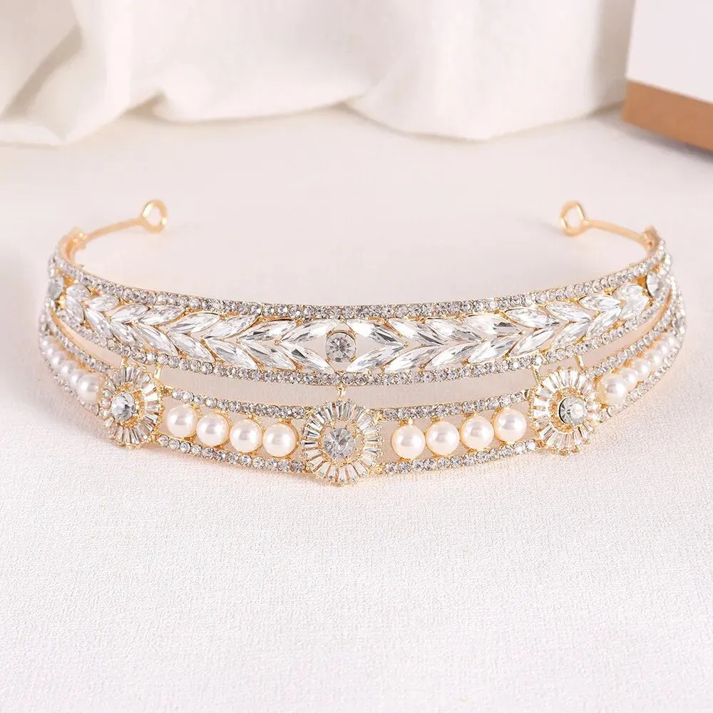 Gold Silver Plated Queen Princess Crystal Pearl Bridal Hair Accessory Headband