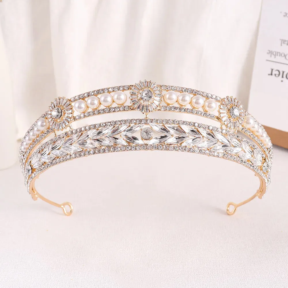 Gold Silver Plated Queen Princess Crystal Pearl Bridal Hair Accessory Headband