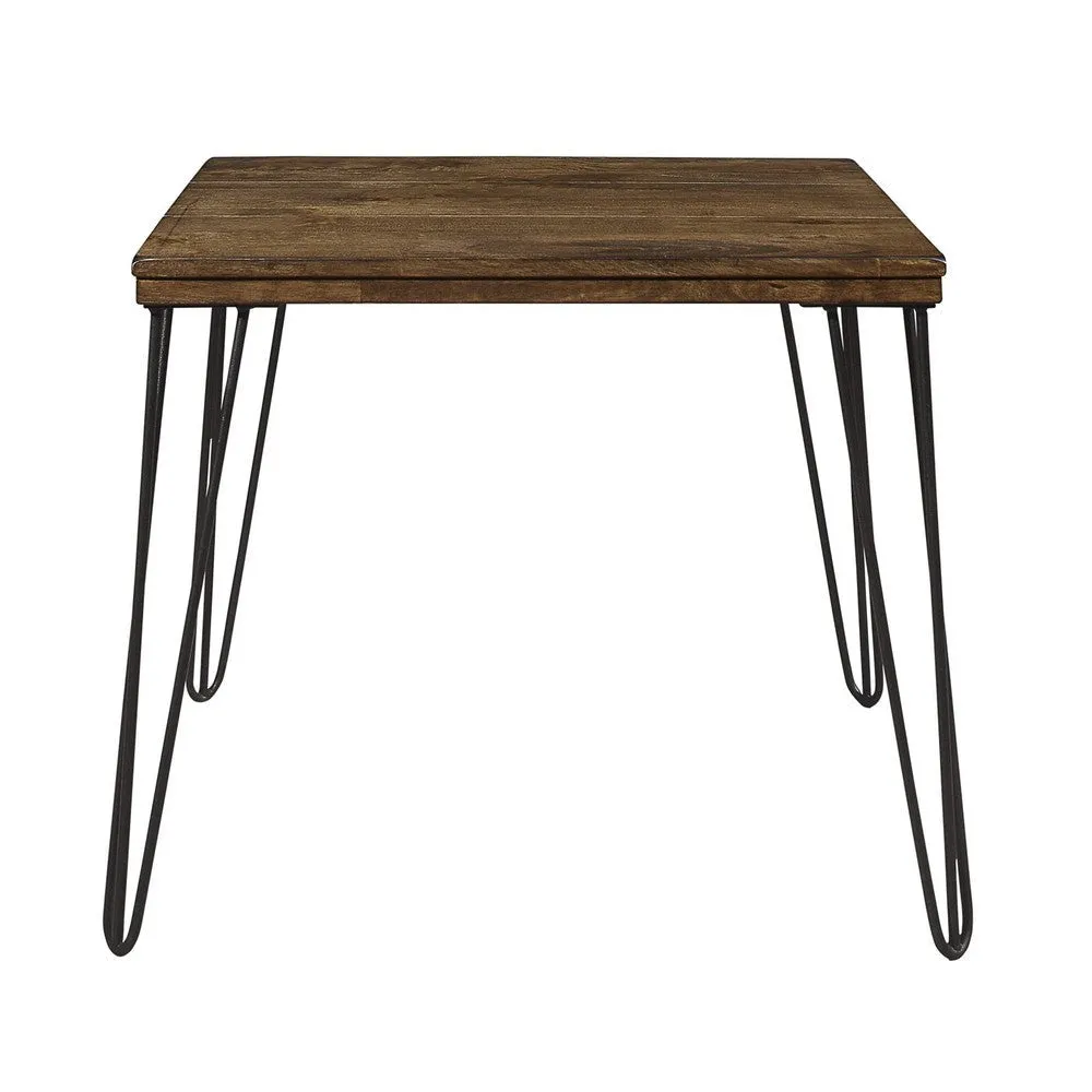 Hali 22 Inch Side End Table, Rubberwood, Black Metal Hairpin Legs, Brown By Casagear Home