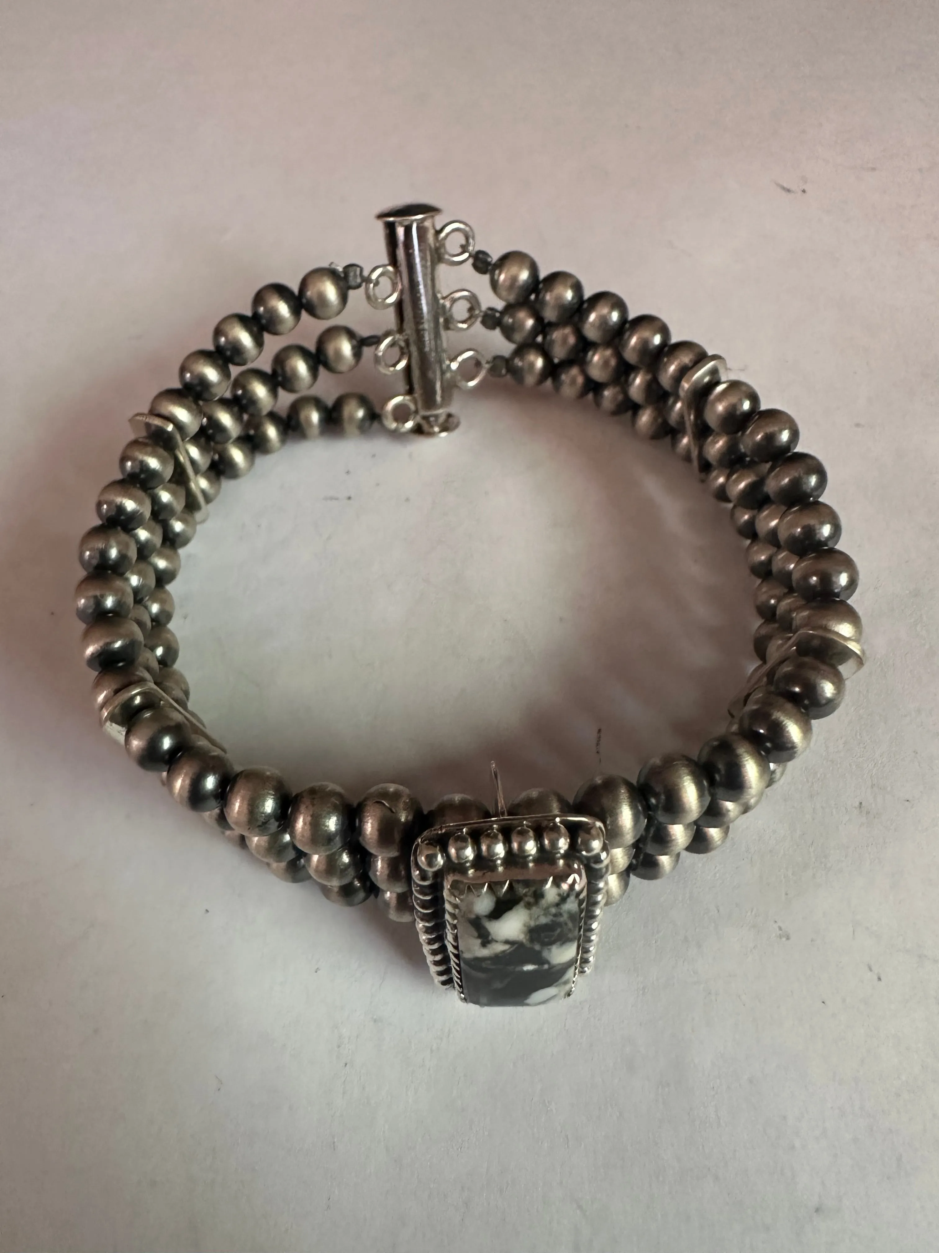 Handmade Sterling Silver & White Buffalo Beaded Navajo Pearl Style Bracelet