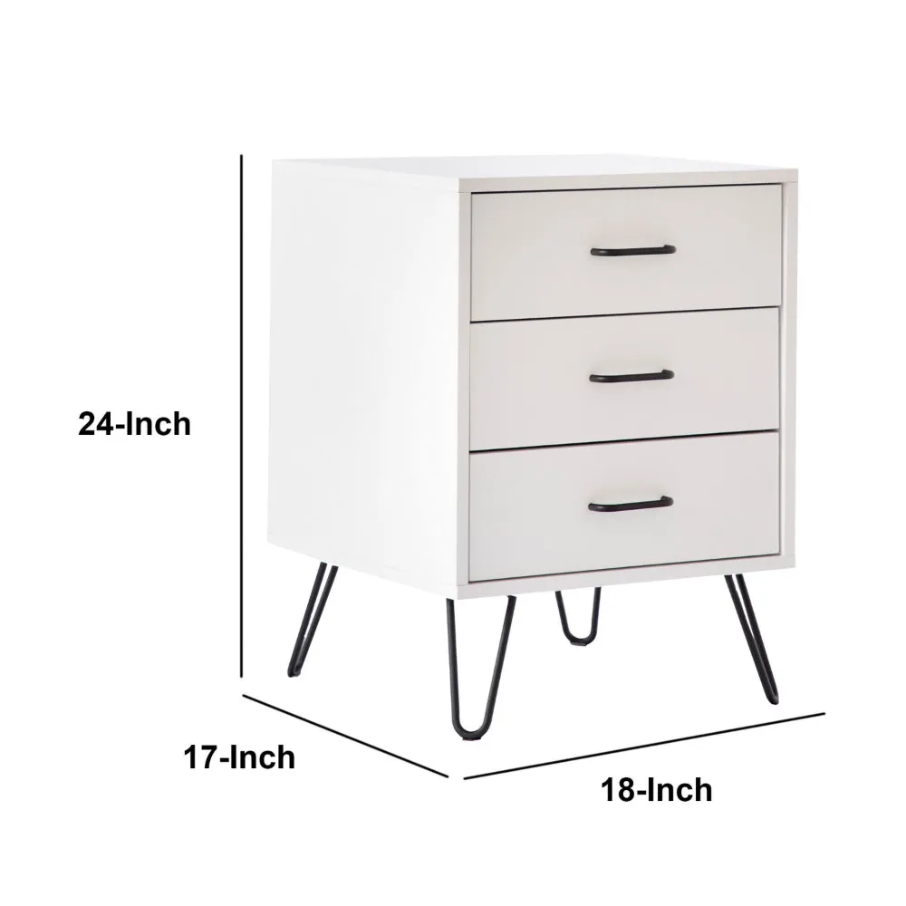 Harper 24 Inch Handcrafted Modern Wood Nightstand, 3 Drawers, Metal Hairpin Legs, White By The Urban Port