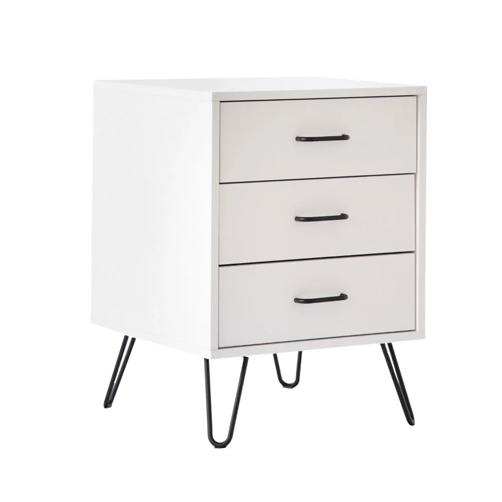 Harper 24 Inch Handcrafted Modern Wood Nightstand, 3 Drawers, Metal Hairpin Legs, White By The Urban Port