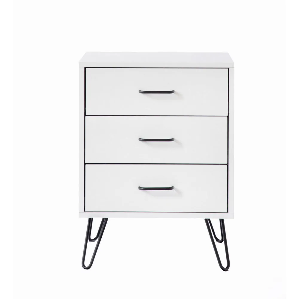 Harper 24 Inch Handcrafted Modern Wood Nightstand, 3 Drawers, Metal Hairpin Legs, White By The Urban Port