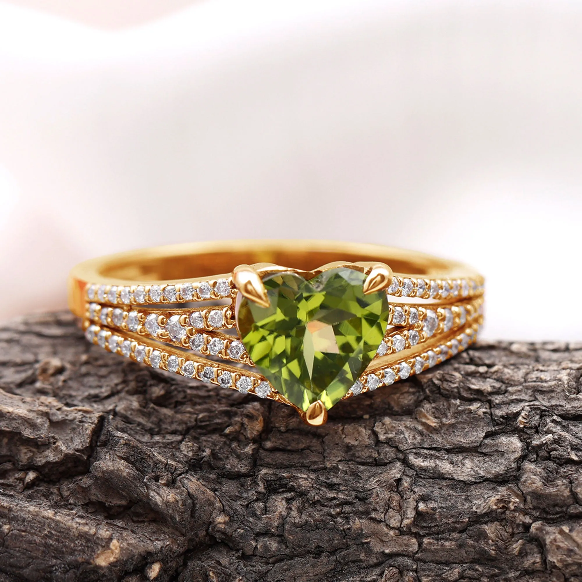 Heart Shape Peridot Designer Engagement Ring with Diamond Split Shank