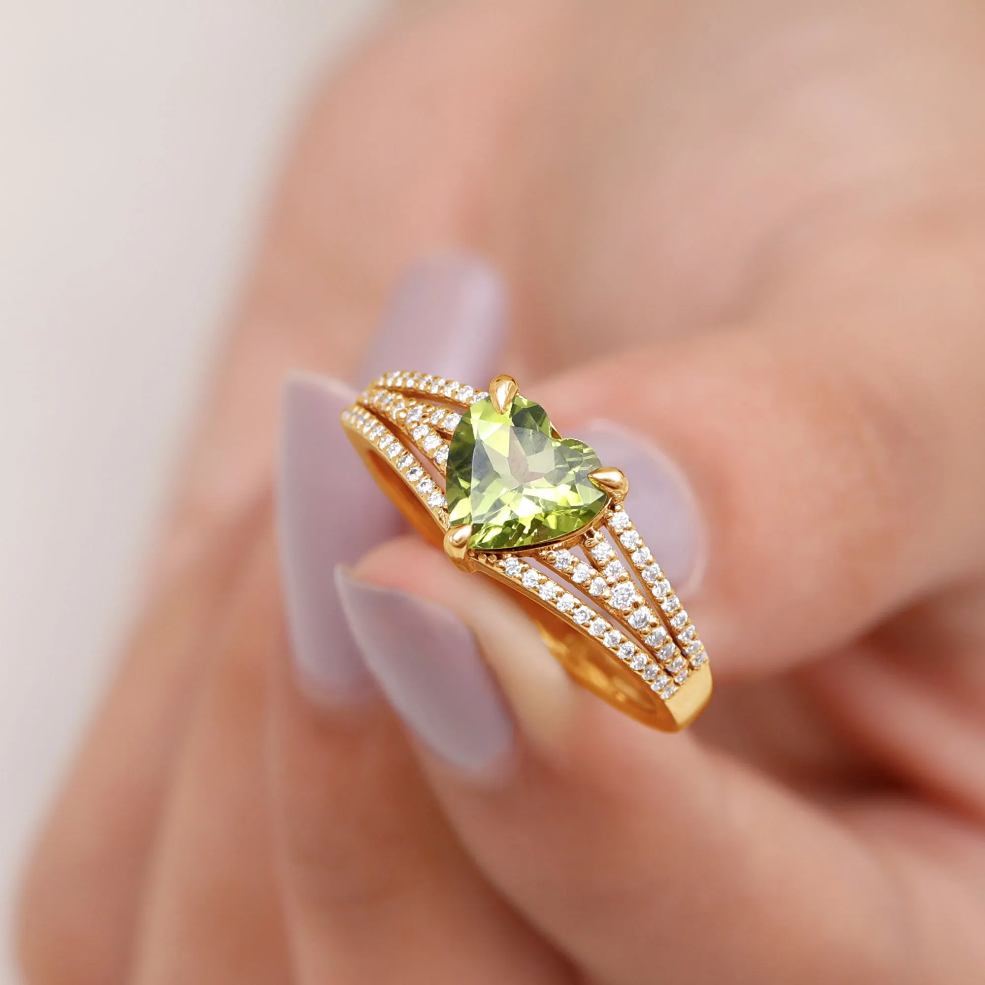 Heart Shape Peridot Designer Engagement Ring with Diamond Split Shank