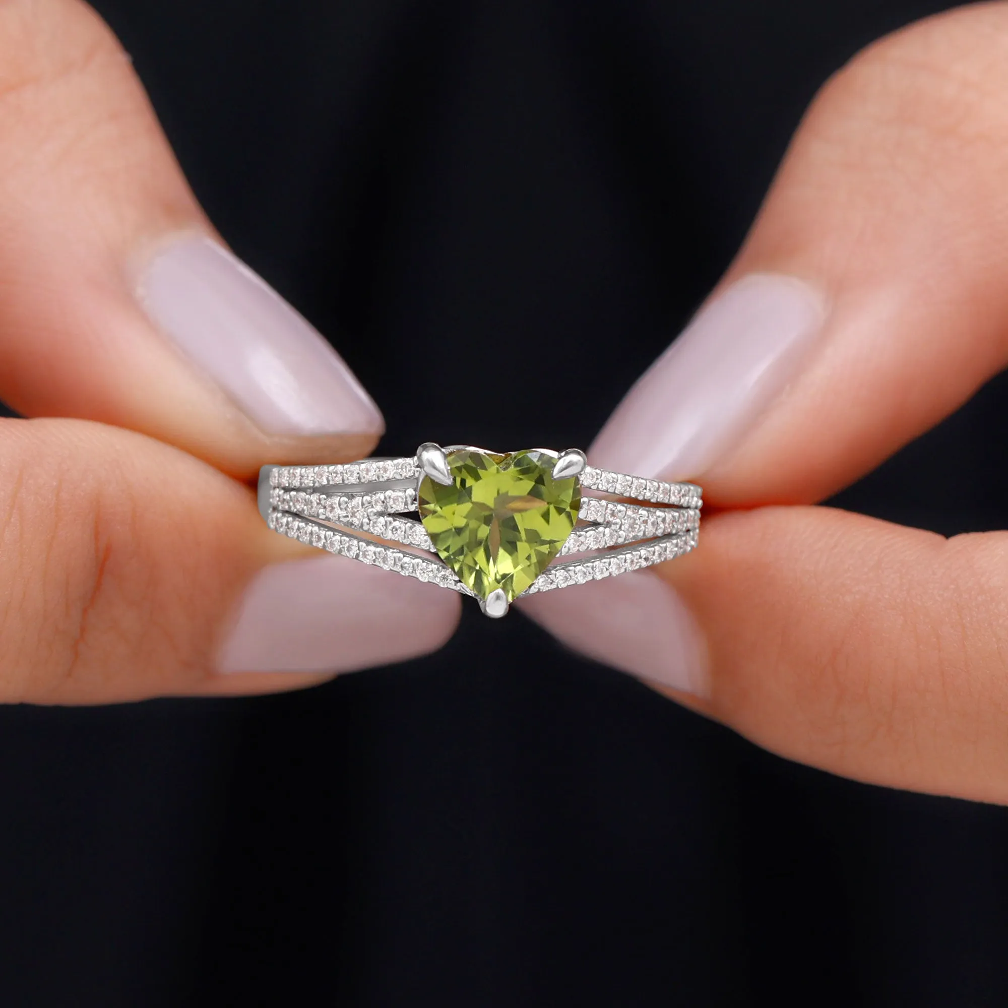 Heart Shape Peridot Designer Engagement Ring with Diamond Split Shank