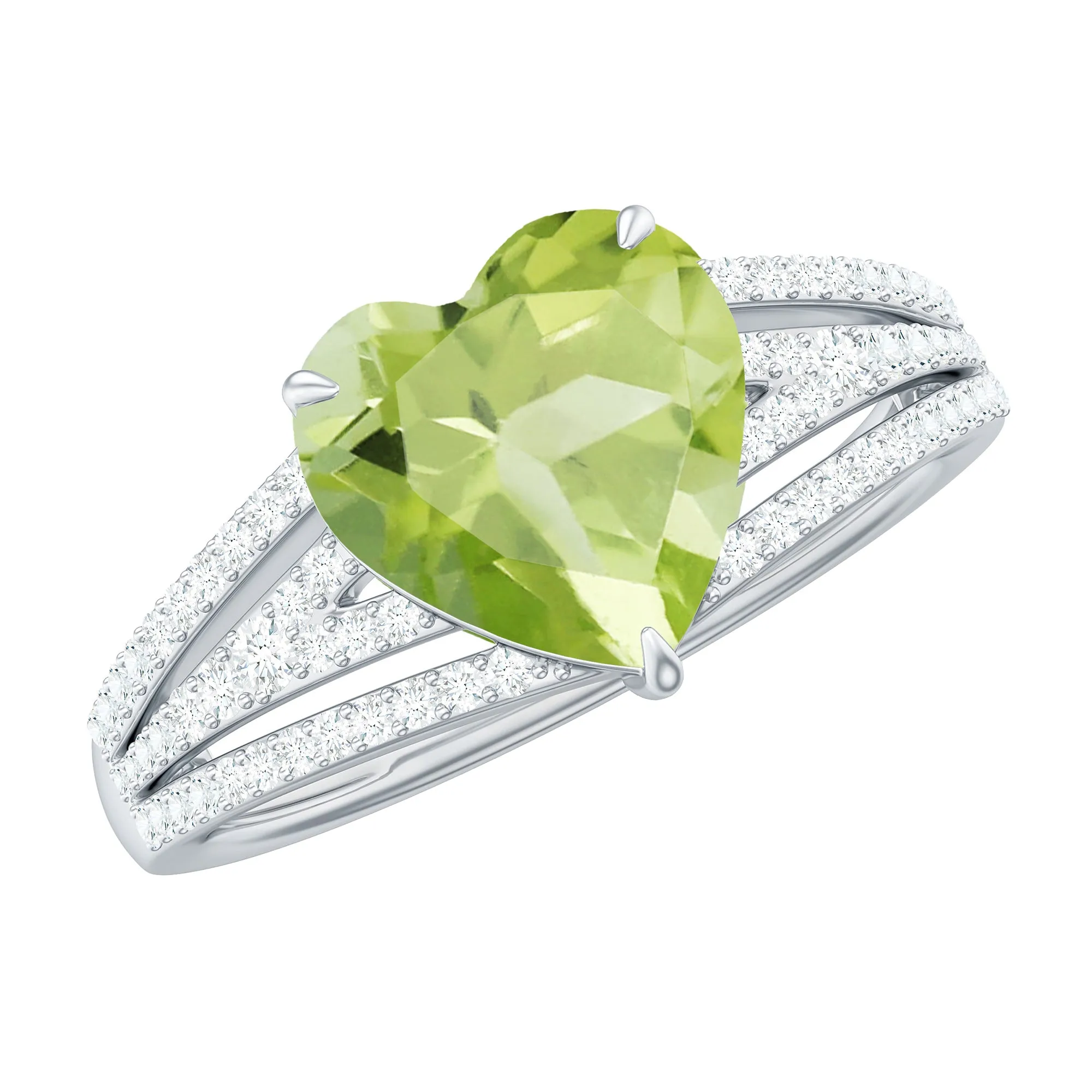 Heart Shape Peridot Designer Engagement Ring with Diamond Split Shank