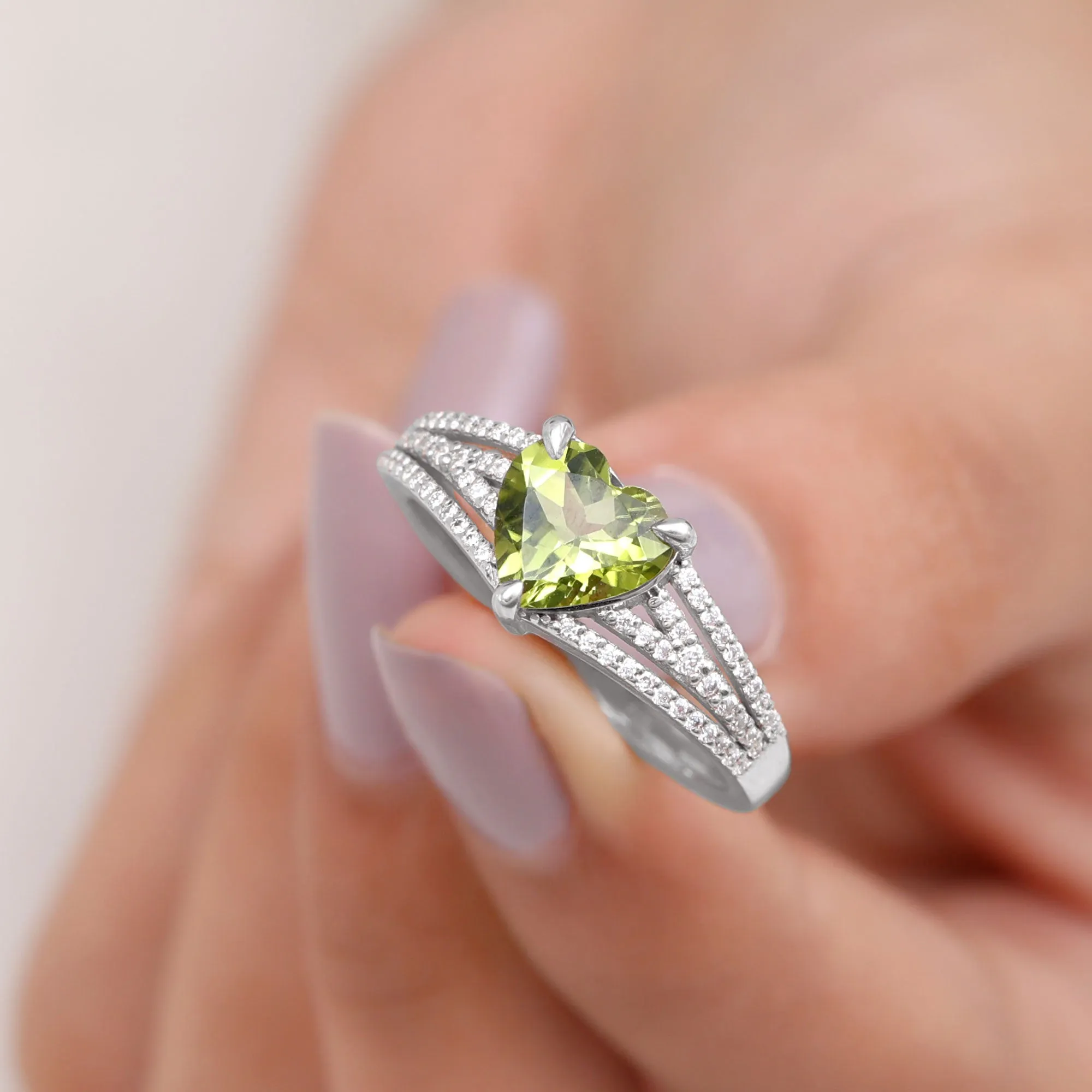 Heart Shape Peridot Designer Engagement Ring with Diamond Split Shank