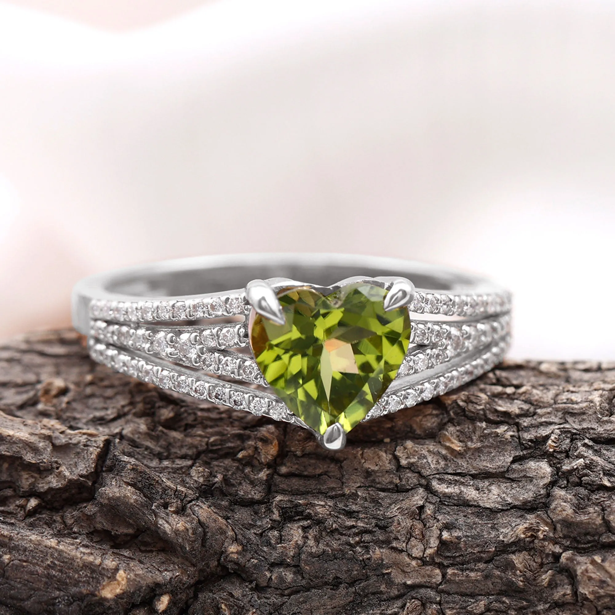 Heart Shape Peridot Designer Engagement Ring with Diamond Split Shank