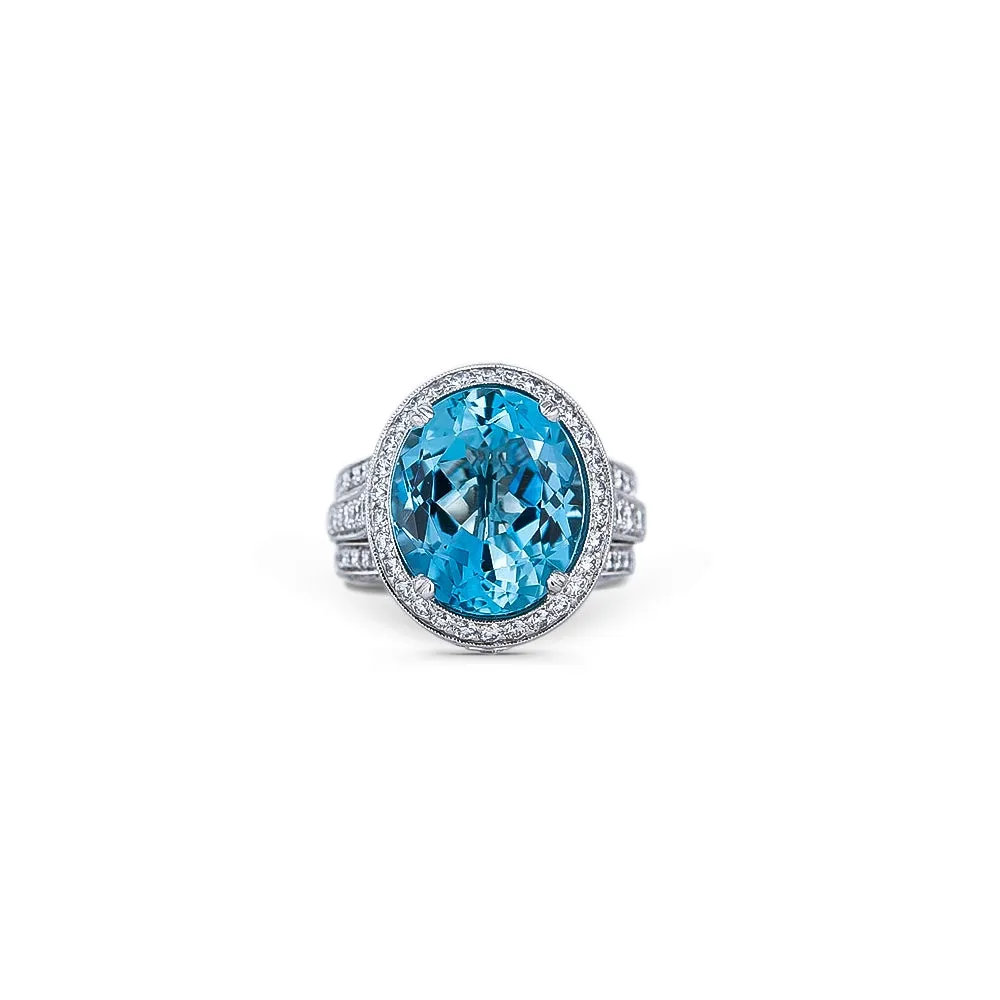 Jack Kelege Platinum Aquamarine with Diamond Halo Ring