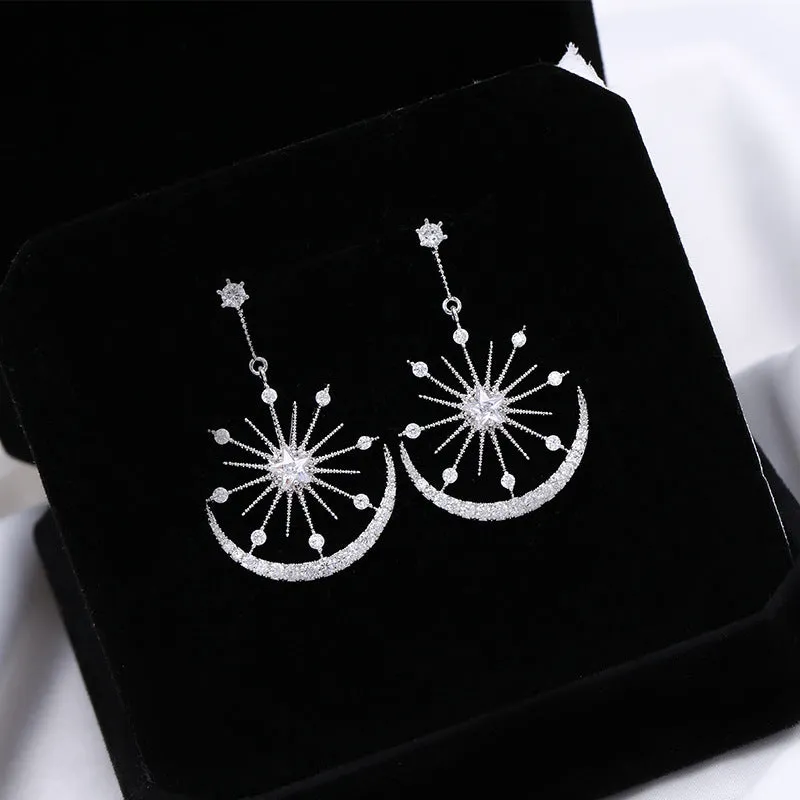 Korean temperament light luxury high-end earrings s925 silver needle zircon star and moon earrings