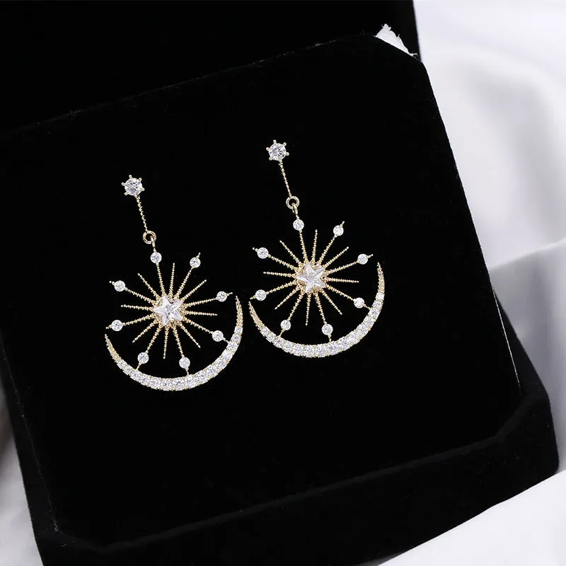 Korean temperament light luxury high-end earrings s925 silver needle zircon star and moon earrings