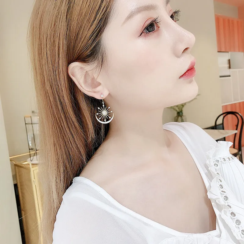 Korean temperament light luxury high-end earrings s925 silver needle zircon star and moon earrings