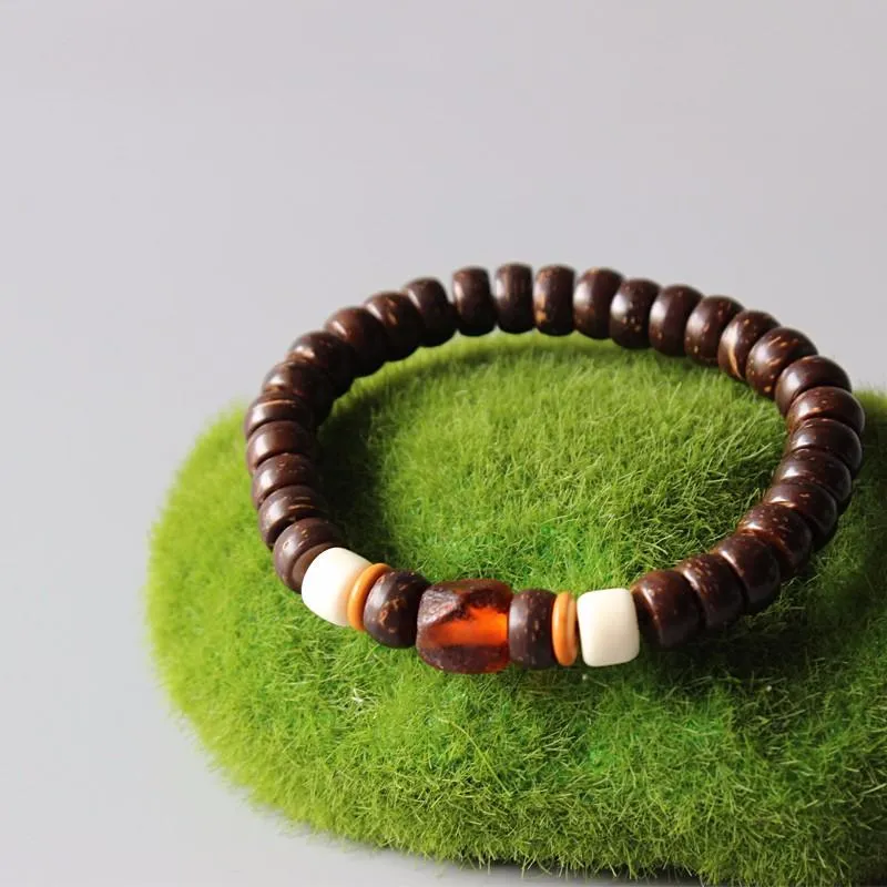 Lampwork &amp Natural Coconut Shell Beaded Stretch Bracelet