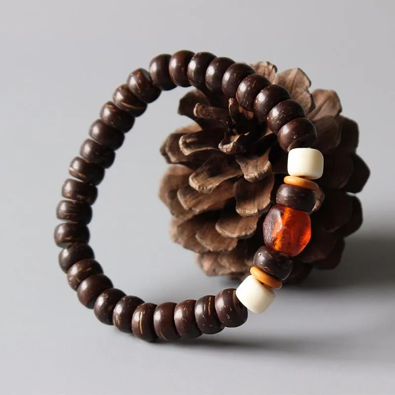 Lampwork &amp Natural Coconut Shell Beaded Stretch Bracelet