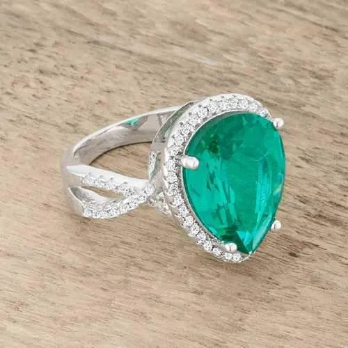 Laura 9.9ct Blue Green CZ Rhodium Classic Teardrop Ring