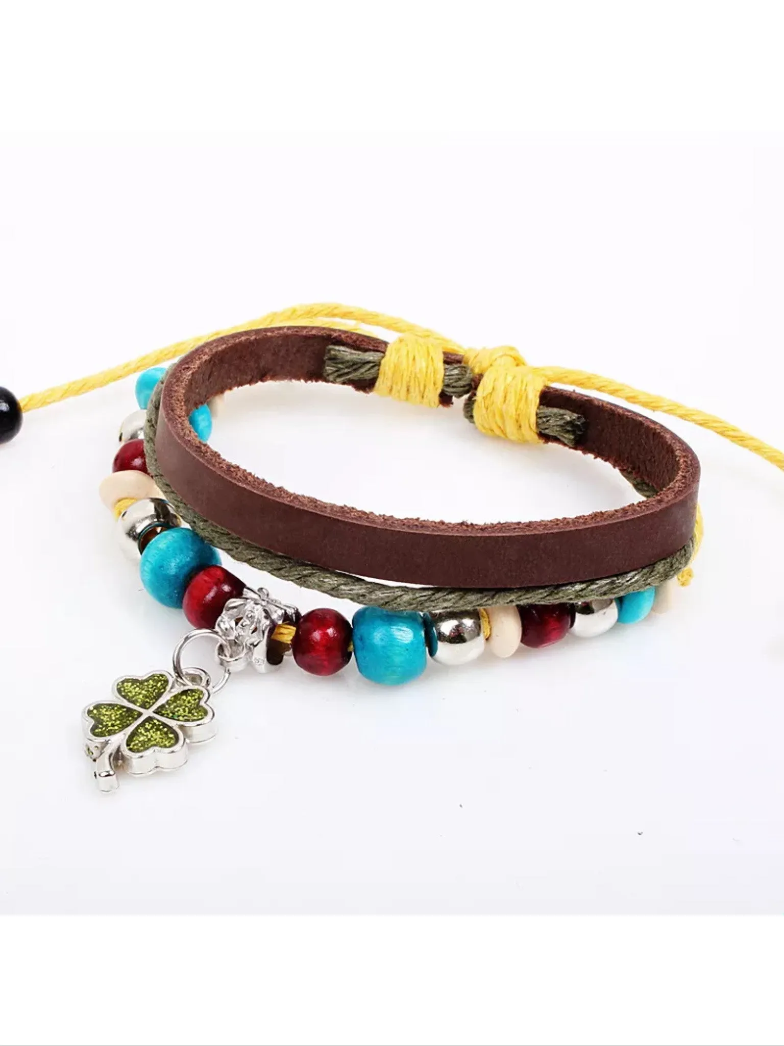 Leather four leaf clover beaded bracelet