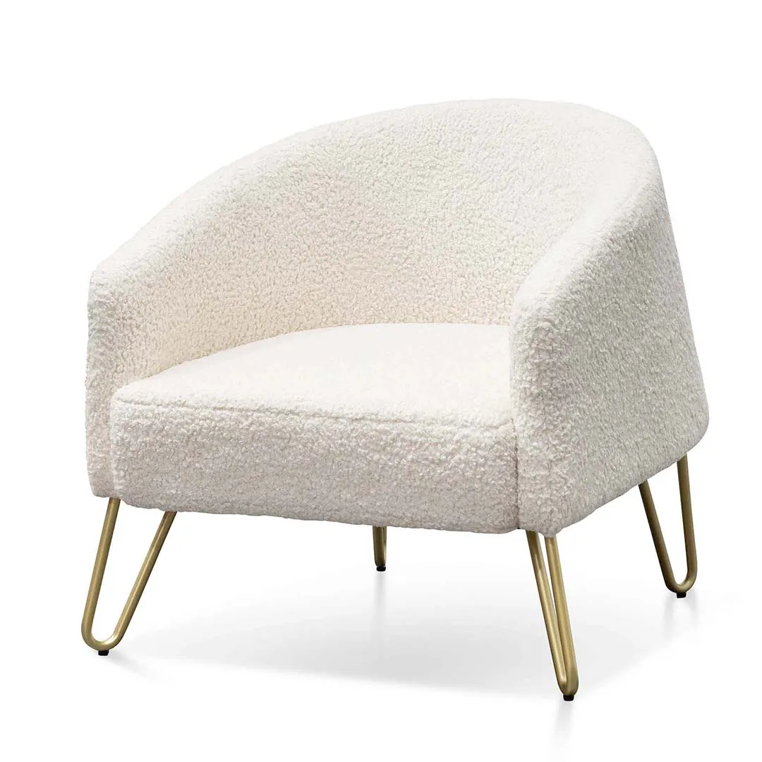 Lena Armchair - Ivory White Synthetic Wool with Golden Legs