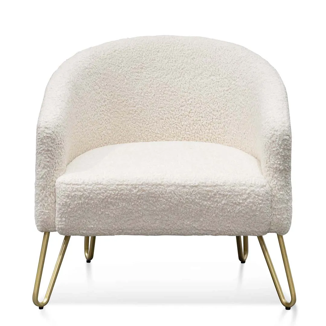 Lena Armchair - Ivory White Synthetic Wool with Golden Legs