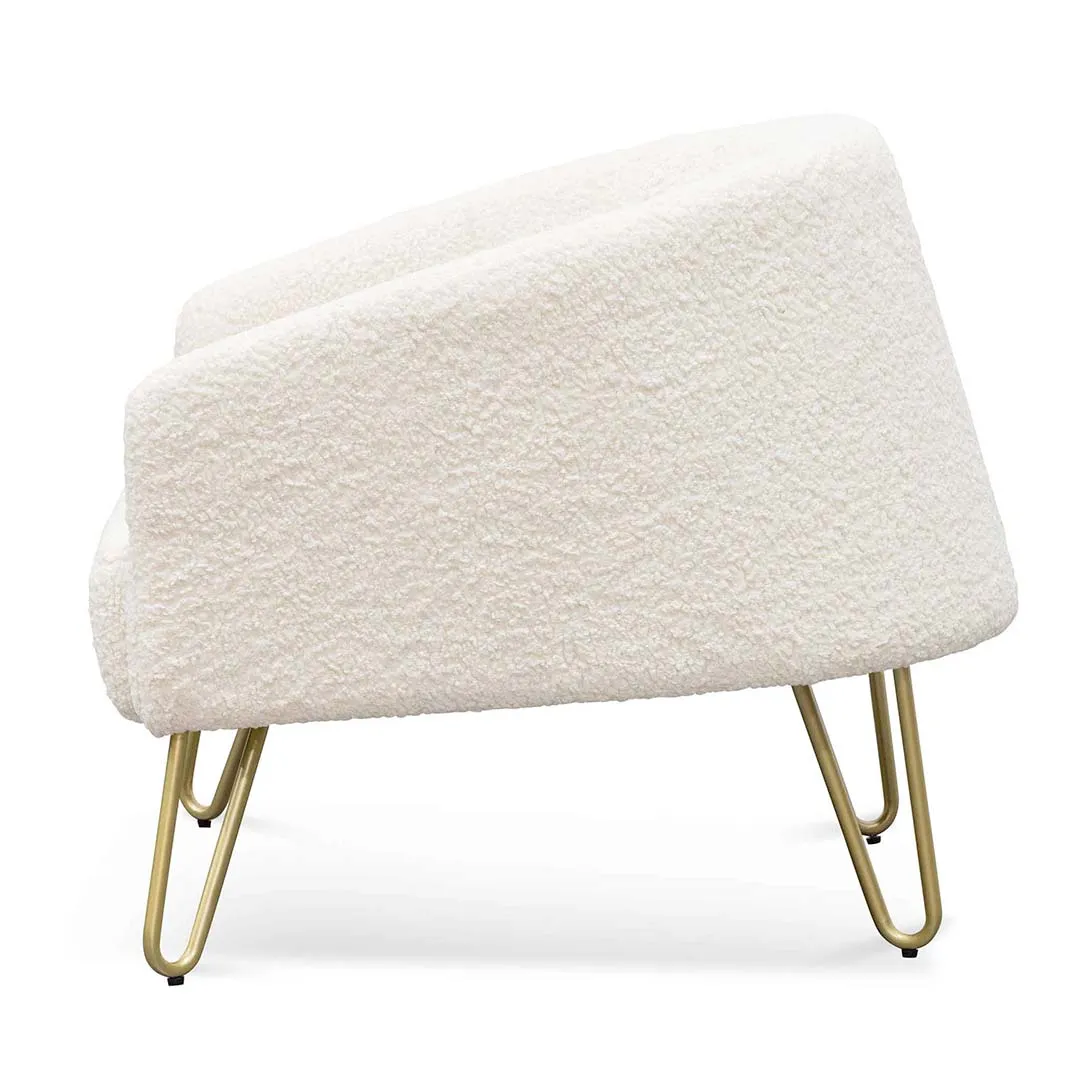 Lena Armchair - Ivory White Synthetic Wool with Golden Legs