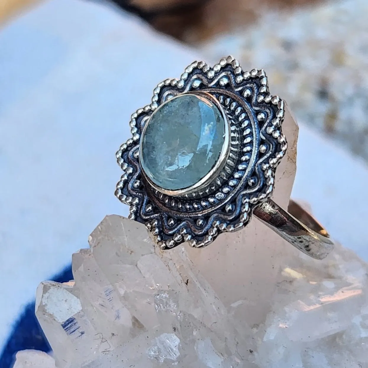 MANDALA WATERS - AQUAMARINE 925 FLOWER RING