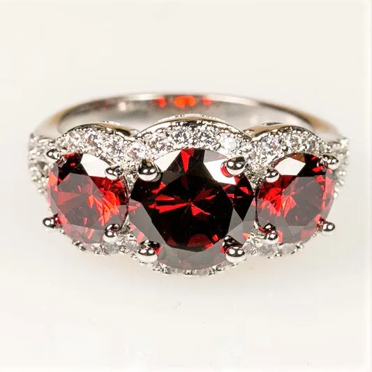 Merion Three Garnet Red Round Stone Trio Ring  | 6.8ct