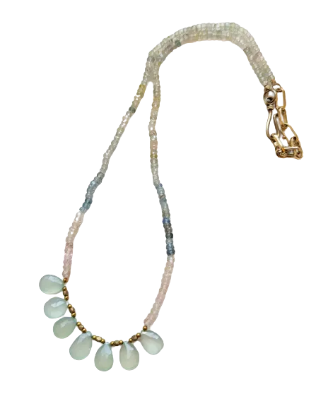 Necklace: Aquamarine & Morganite Faceted Rondelles, with Aqua Chalcedony Drops