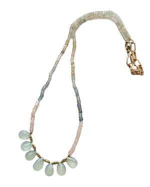 Necklace: Aquamarine & Morganite Faceted Rondelles, with Aqua Chalcedony Drops