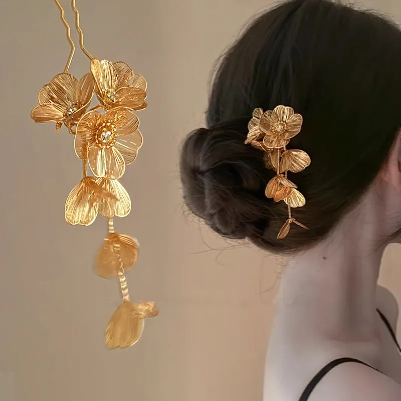 New Chinese style metal flower tassel hairpin