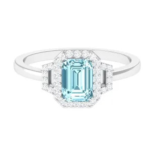 Octagon Aquamarine Statement Engagement Ring with Diamond