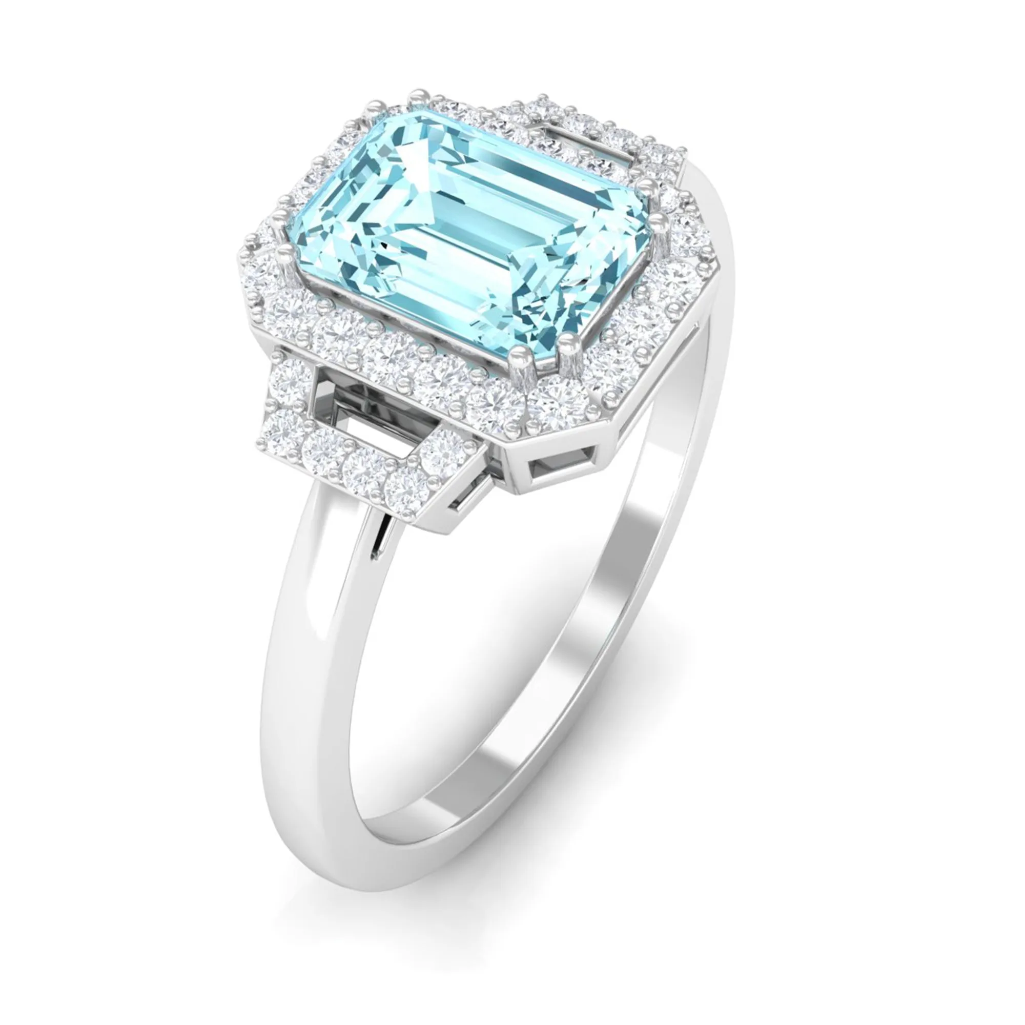 Octagon Aquamarine Statement Engagement Ring with Diamond